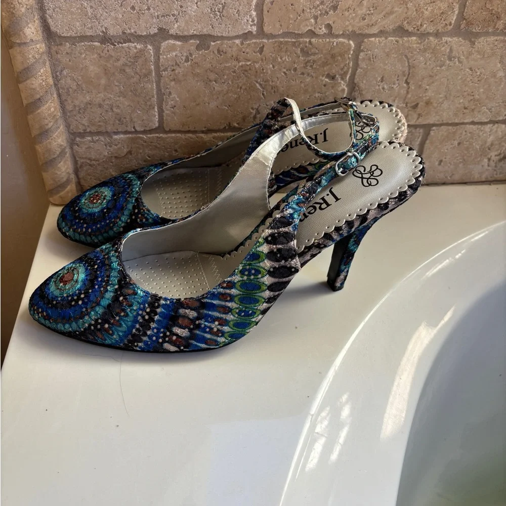 J.Renee Blue and Green Peacock Camelia Patterned Heels Women’s 11W 4” Heel - Picture 5 of 8